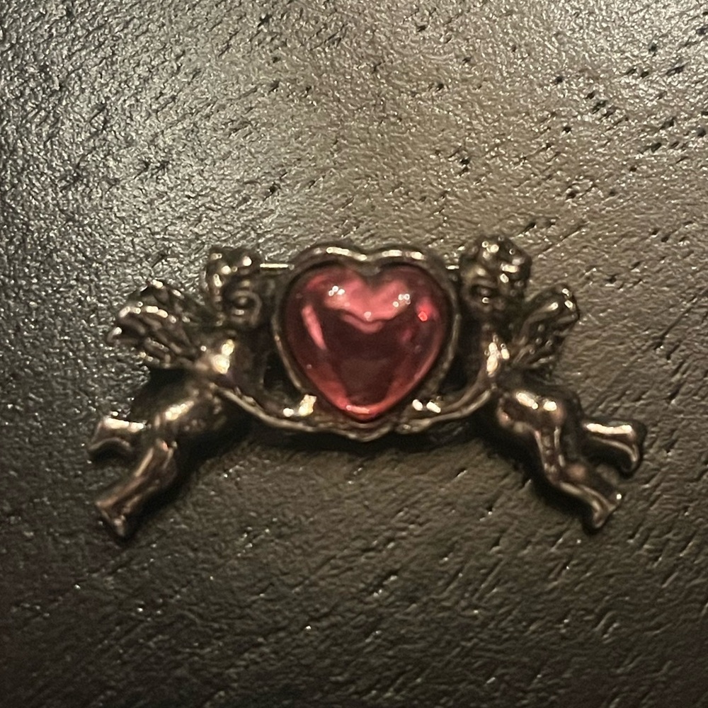 Vintage Tiny Silver Brooch with Pink Heart and Cherubs